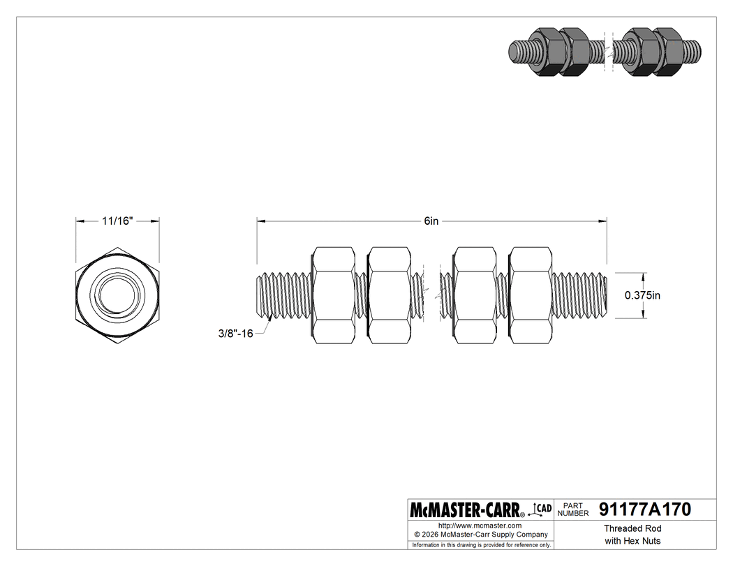 Technical Drawing of Threaded Rod with Hex Nuts, Grade B7, 3/8"-16 Thread Size, 6" Long.